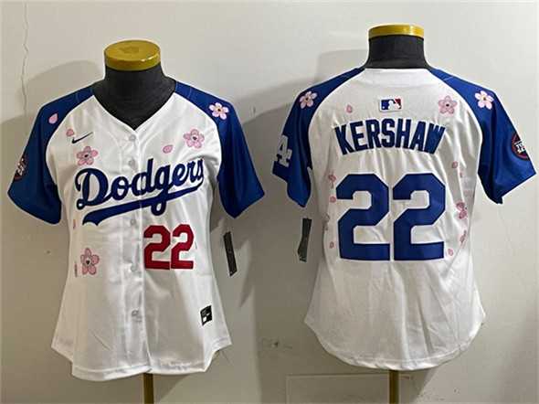 Women%27s Los Angeles Dodgers #22 Clayton Kershaw White Royal 2025 Tokyo Series Limited Stitched Jersey